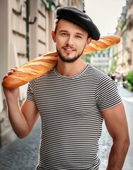 A dashing young man with a beret and striped t-shirt, clutching a baguette, the epitome of a Frenchman, strolling down a street in a French city.