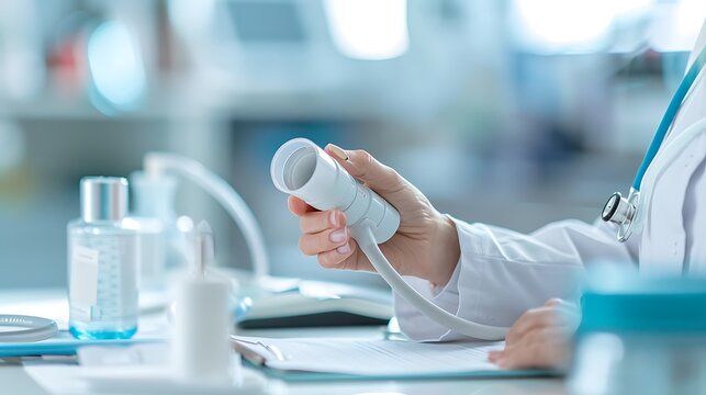 Medical professional conducting a lung function test using a spirometer rigorous image inspection of respiratory diagnostics
