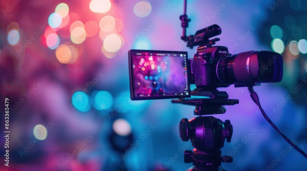 Aufkleber a video camera captures a vibrant live event, with colorful lights illuminating the background. gene