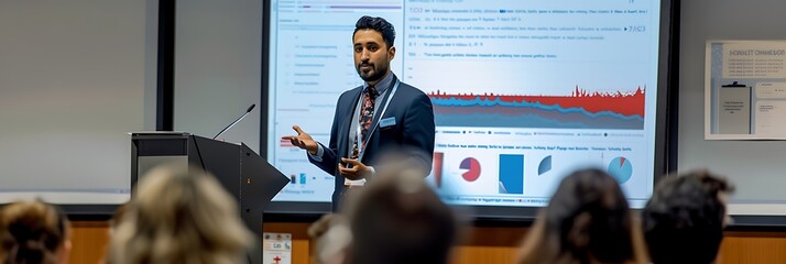 Medical researcher presenting findings at a conference for dissemination research comprehensive visual assessment of research dissemination strategies