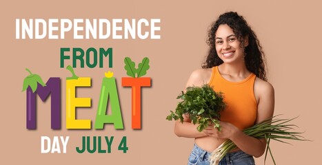 Banner for Independence from Meat Day with young woman holding herbs