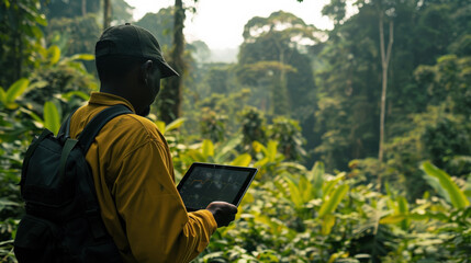 Fototapeta premium Exploring the Jungle with Technology: Morning Trek Through Lush Forest