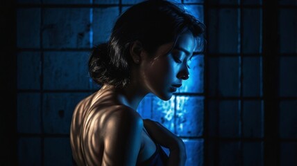 Portrait of a beautiful asian woman on blue background. 