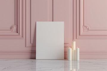 banner for shopify home page, mockup empty, blank poster in a3 format on the wall, 5 white pillar candles 15 centimeters high and 7 centimeters in diameter, are placed on the floor. 