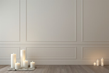 banner for shopify home page, mockup empty, blank poster in a3 format on the wall, 5 white pillar candles 15 centimeters high and 7 centimeters in diameter, are placed on the floor. 