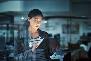 Tablet, businesswoman and night in office for contact, schedule and research for company....