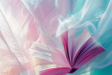 A floating book amidst ethereal, pastel-colored fabric-like surroundings, symbolizing dreams, fantasy, and the boundless realms of imagination.