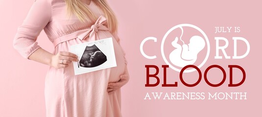 Banner for Cord Blood Awareness Month with pregnant woman holding sonogram image