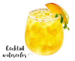 Beautiful watercolor cocktail illustration featuring a mango drink with fruit garnish. Perfect for summer themes. PNG