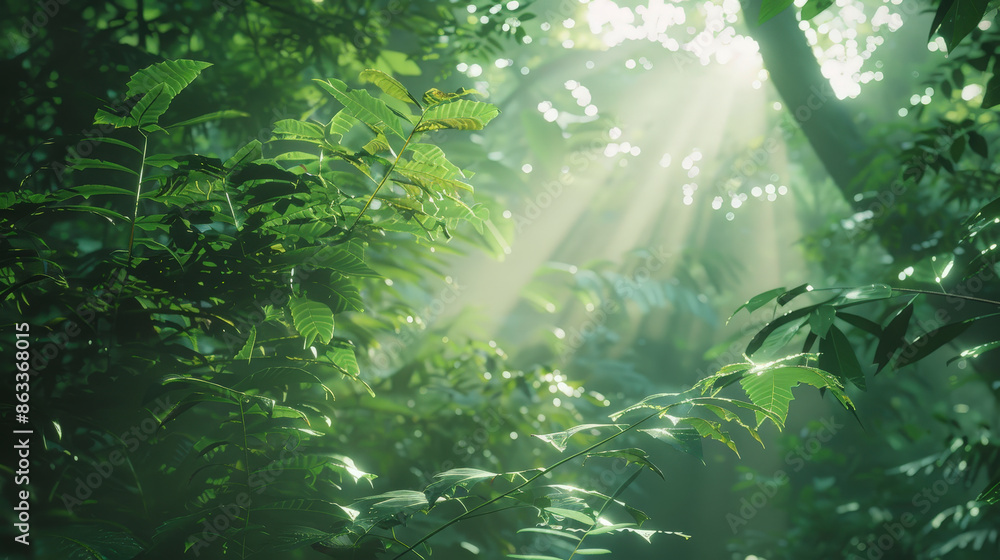 Poster sunlight filters through lush green foliage in a dense forest, creating a serene and mystical atmosp