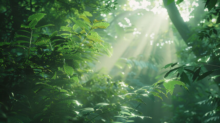 Obraz premium Sunlight filters through lush green foliage in a dense forest, creating a serene and mystical atmosphere.