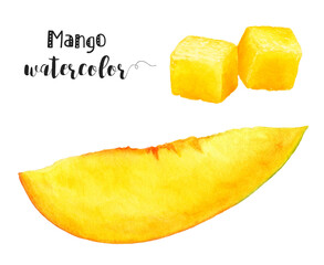 Watercolor painting featuring mango slice and cubes, a vibrant and delicious fruity illustration. PNG