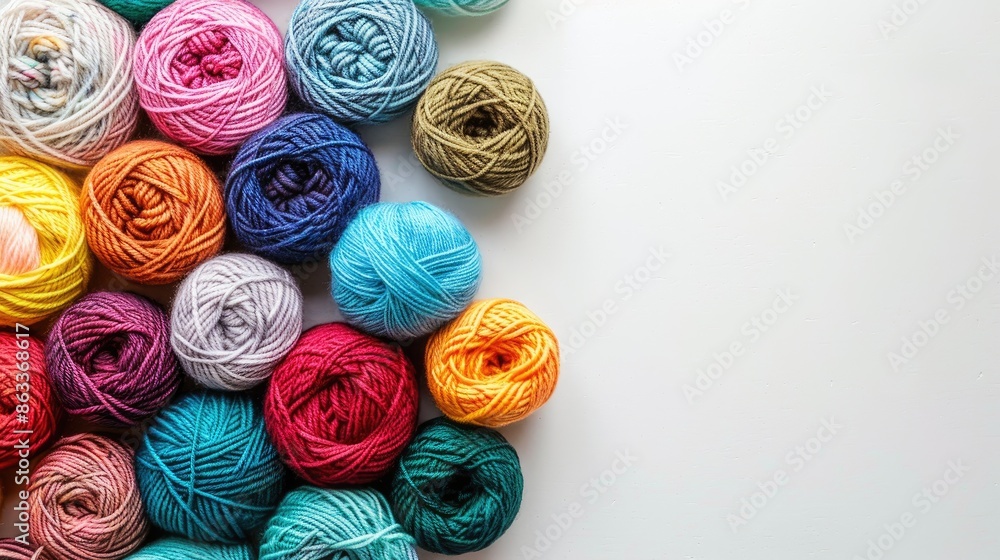 Poster many colorful yarn skeins arranged neatly on white surface with space for text high quality image