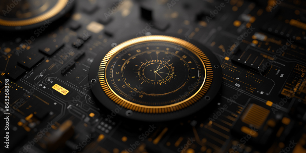 Poster close-up shot of a golden compass resting on a black circuit board, with intricate details and patte