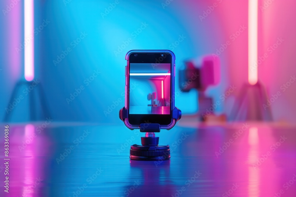 Poster close-up of a smartphone mounted on a tripod, capturing live video footage with a vibrant backdrop o