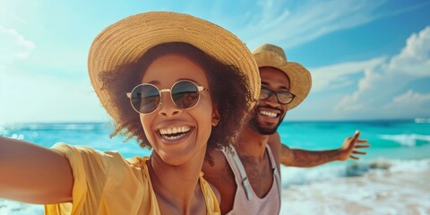 Joyful beach moment with smiling biracial couple wearing hats and sunglasses under bright summer sky near turquoise ocean on fantastic holiday trip.