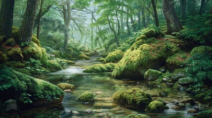 A tranquil forest scene with a clear, bubbling stream running through moss-covered rocks and vibrant green foliage