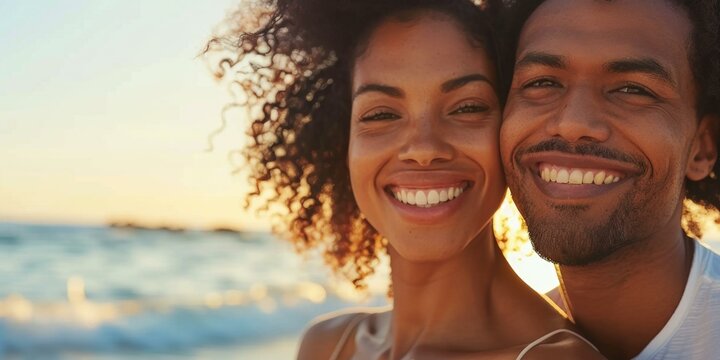 Joyful couple enjoying summer vacation at beach during sunset, smiling biracial man and woman, wearing casual white tops, golden sky reflecting on waves.