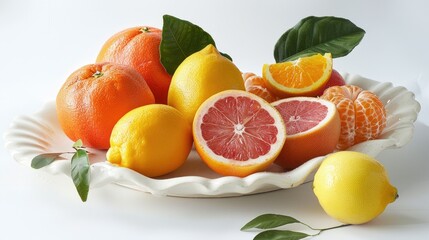 A variety of citrus fruits including oranges, lemons, and grapefruits, displayed on a white ceramic plate with leaves