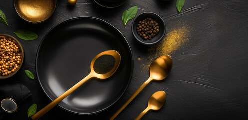 Flat lay with golden spoons, black bowls, plates on dark background. Spices and herbs scattered for a visually appealing and aromatic composition