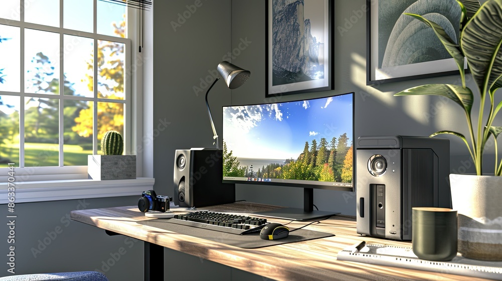 Poster an ergonomic workstation with a computer, keyboard, and mouse, set up for efficient work in a home o