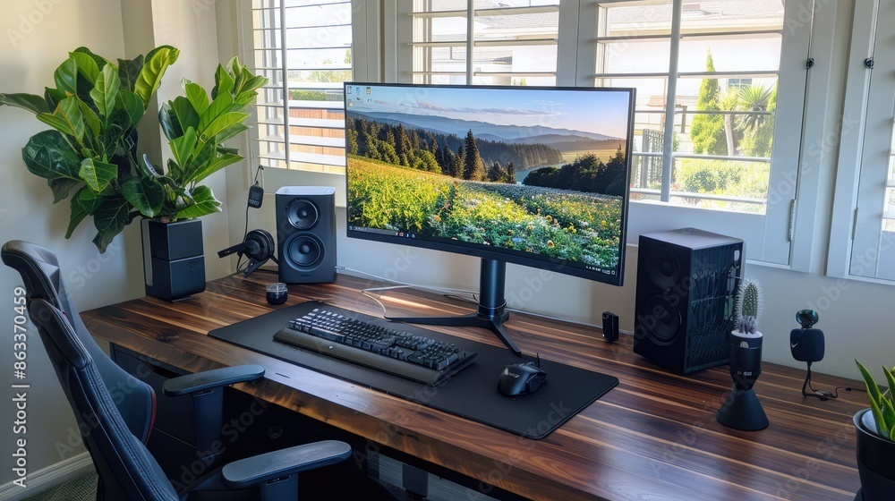 Poster an ergonomic workstation with a computer, keyboard, and mouse, set up for efficient work in a home o