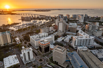 Sarasota, Florida at sunset. USA travel destination. American city downtown architecture with...