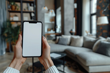 Woman holding and using a blank white screen mobile phone with her hand