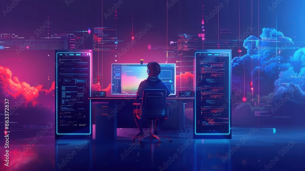 Poster Cloud Engineer Monitoring Cloud Infrastructure. Technology and Cloud Computing concept