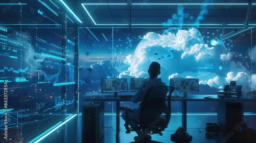 Poster modern cloud engineer monitoring cloud infrastructure. innovation and technology concept