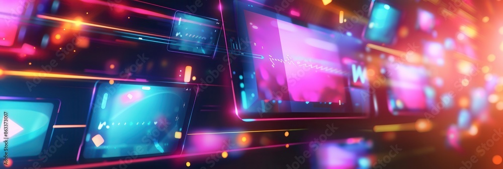 Aufkleber Digital background with multiple screens streaming video content. Vibrant colors and dynamic composition ideal for video bloggers and streaming services. Generative AI