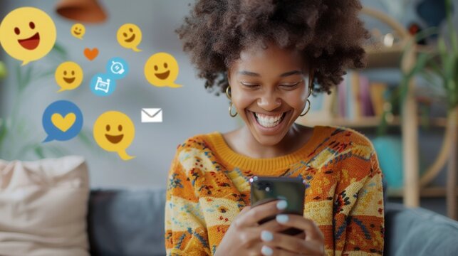 A smiling Black woman uses her smartphone at home, surrounded by digital icons representing social media interactions, online shopping, and positive emotions. Generative AI