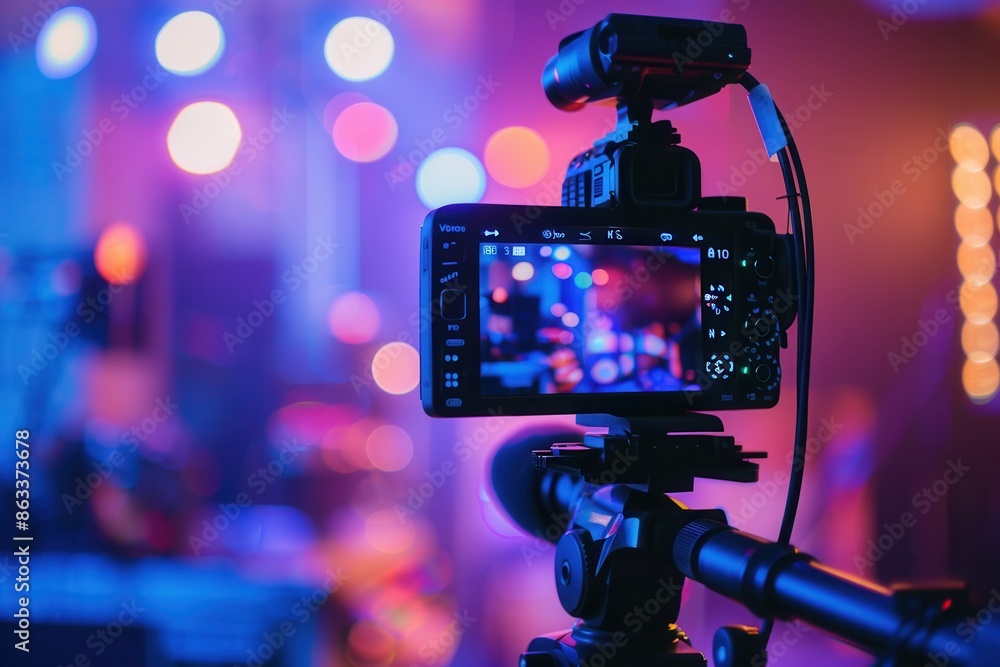 Poster a close-up shot of a professional video camera capturing a live event with colorful lights in the ba