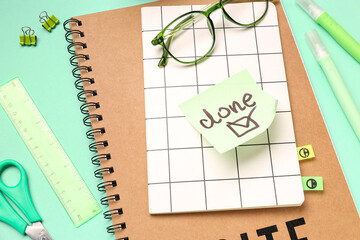 Sticky note with word DONE, eyeglasses and stationery on green background, closeup