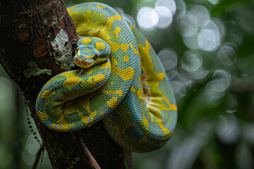 An arboreal green emerald tree boa snake wrapped around a tree branch close up in dense forest
