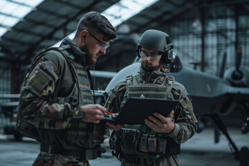 Fototapeta premium Army engineers or military men working on unmanned aerial vehicles in the background in a dark war hangar 