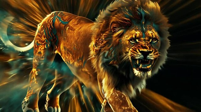 Fiery lion running through a dark forest in a dramatic scene