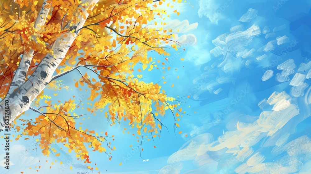 Wall mural autumn scene with yellow birch tree against blue sky for text - Wall murals