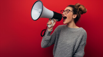 Happy woman announcing Black Friday offers through megaphone on a red background with copy space. Promotional marketing discount and online shopping concept