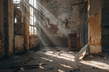an abandoned room with loose plaster on the wall in a factory or an old house with no windows inside and damaged walls
