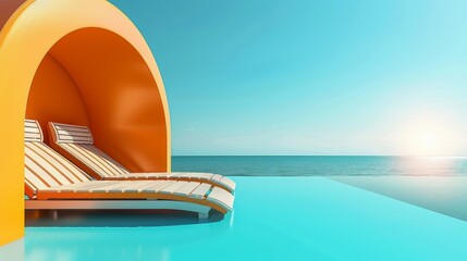 Obraz premium Lounge chairs by infinity pool during bright day