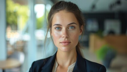 a 35-year-old corporate leader, her gaze steady and resolute. In the frame, discreetly embed the check mark symbol, symbolizing her adherence to excellence.