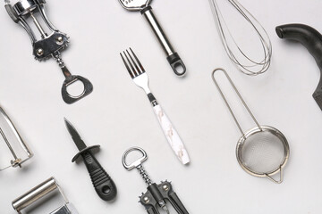Set of kitchen utensils on grey background