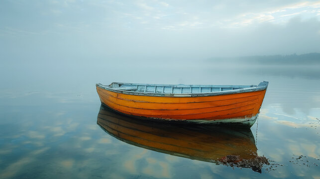 A tranquil scene of an orange wooden boat on a misty lake at sunrise - Powered by Adobe
