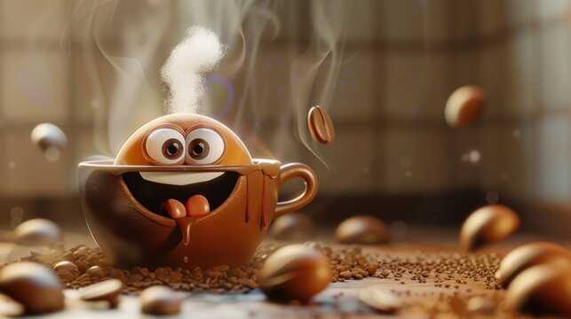 Adorable java joy: 3d cute cartoon happy coffee bean character with steam - bringing a smile with a delightful of a cheerful coffee bean, emanating steam from a brimming cup.