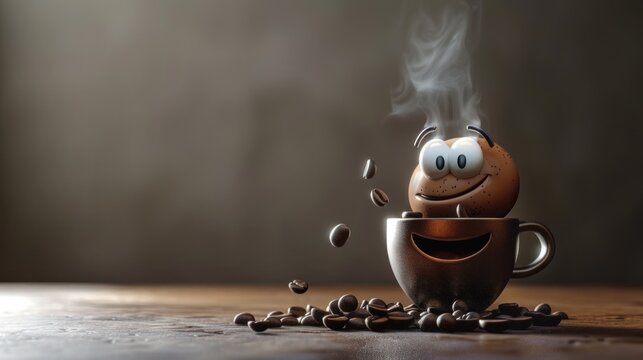 Adorable java joy: 3d cute cartoon happy coffee bean character with steam - bringing a smile with a delightful of a cheerful coffee bean, emanating steam from a brimming cup.