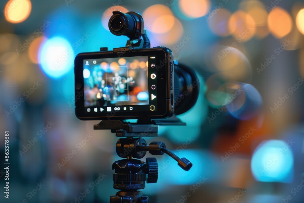 Poster a video camera set up on a tripod, capturing a vibrant event with bokeh lights in the background. ge