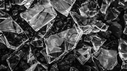 shattered broken glass shards pieces on black background,