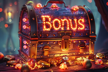 vibrant blue treasure chest with glowing bonus sign for game rewards