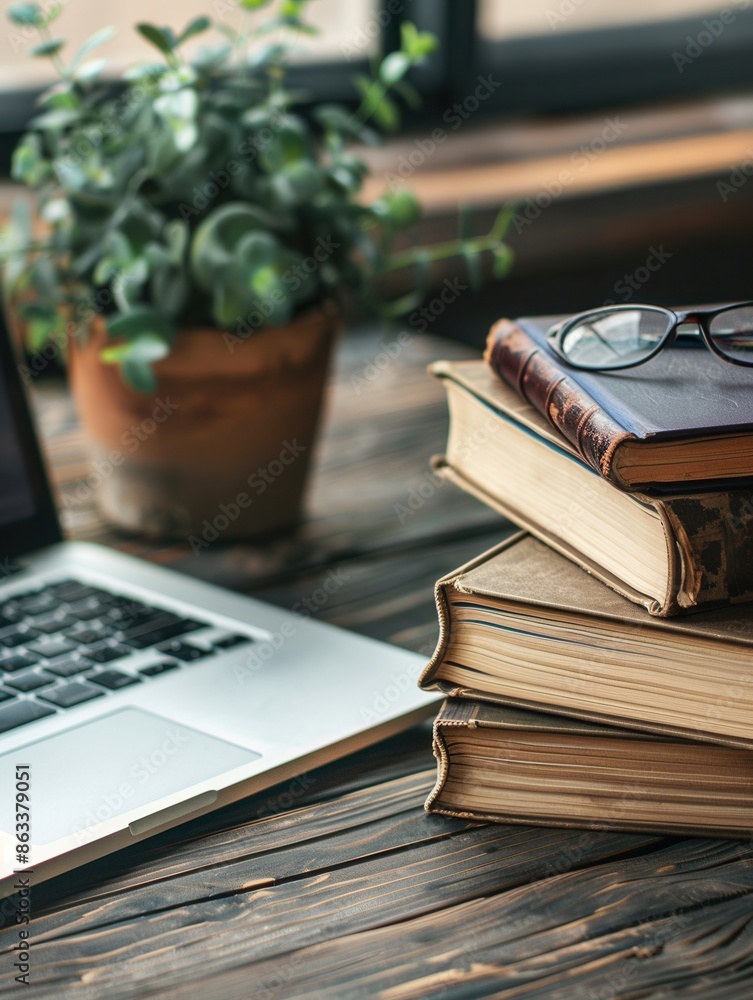 Poster a laptop and textbooks on a wooden desk symbolize modern learning methods, perfect for online course
